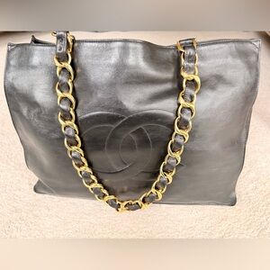 CHANEL Black Tote with Gold Chain Accent